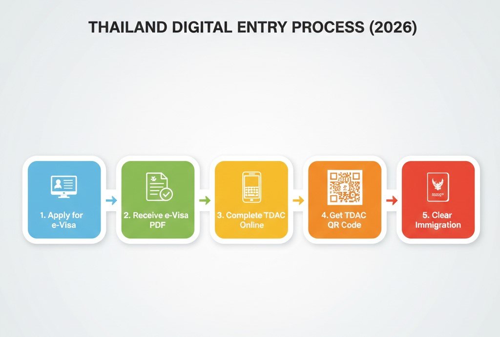 Flowchart showing the 5-step digital entry process Apply for Visa - Receive PDF - Complete TDAC - Get QR Code - Clear Immigration