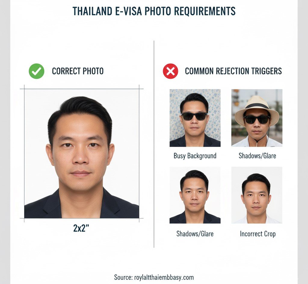 Infographic illustrating correct passport photo cropping and lighting to avoid common AI-rejection triggers
