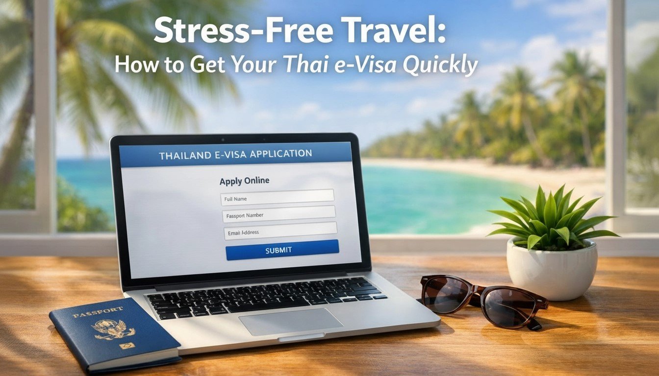 A laptop on a desk showing a Thai e-visa application form, with a passport and tropical beach background.