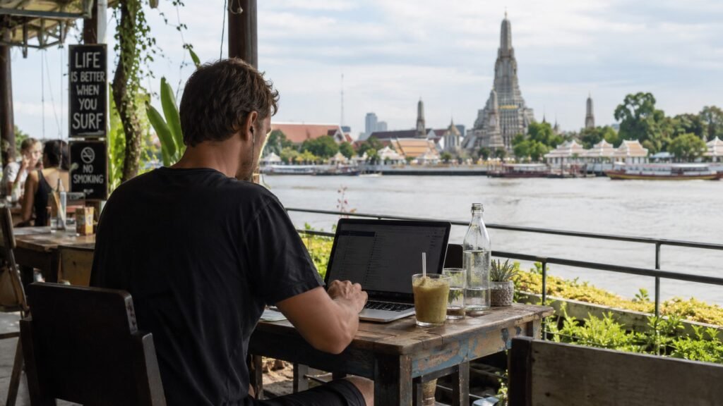Riverside cafe with work vibe